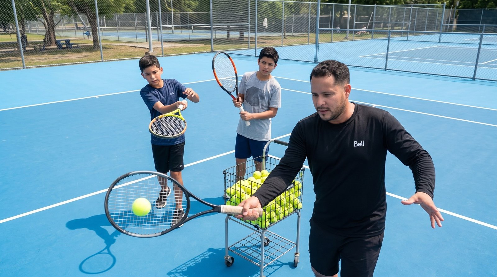 Manuel entrenando niños en cancha azul